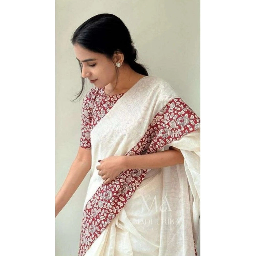 Women's Linen Printed Saree With Unstitched Blouse 5.5Mtr (White)