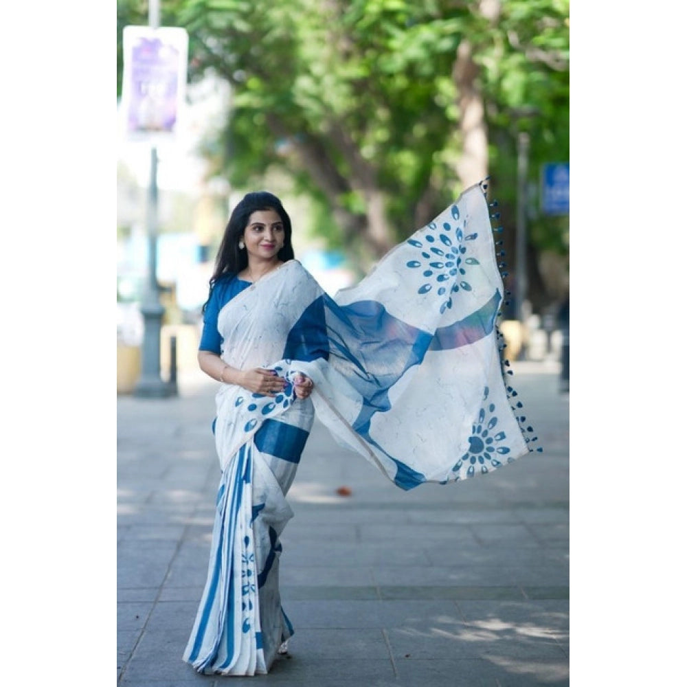 Women's Linen Printed Saree With Unstitched Blouse 5.5Mtr (White)