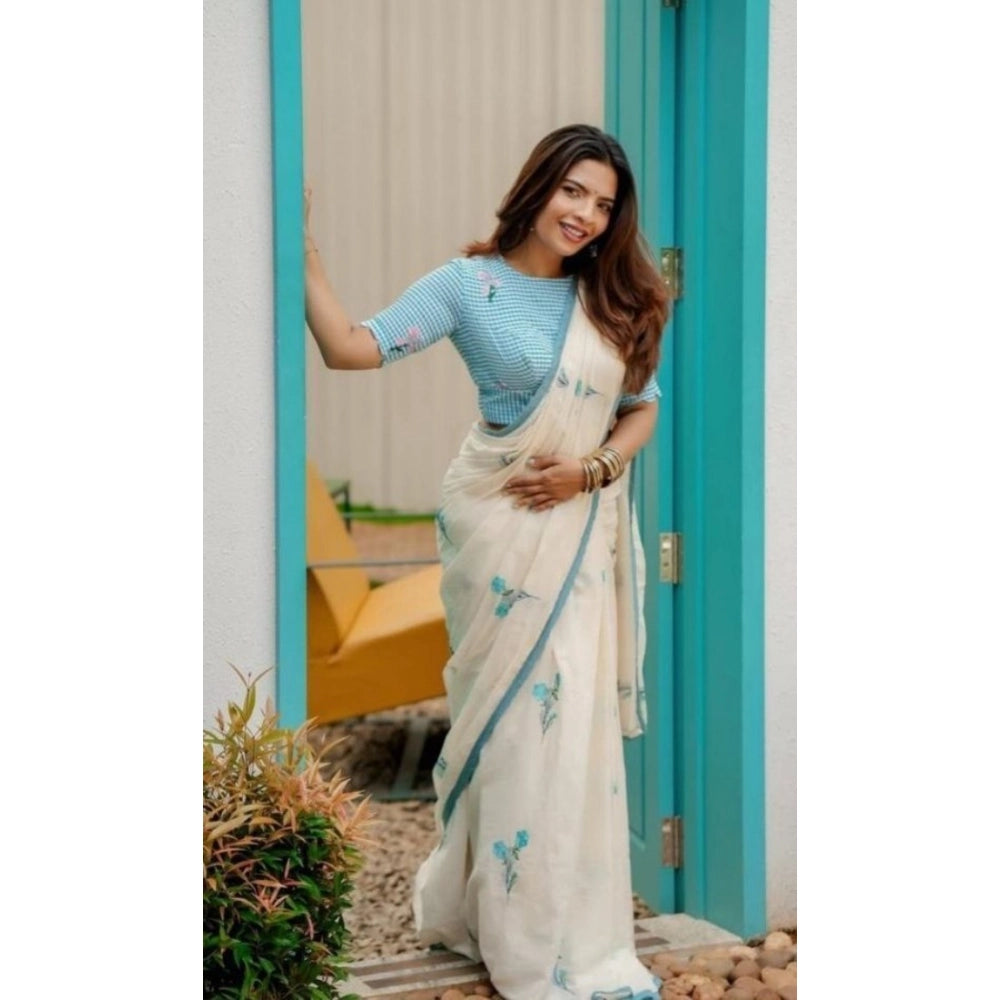Women's Linen Printed Saree With Unstitched Blouse 5.5Mtr (White)