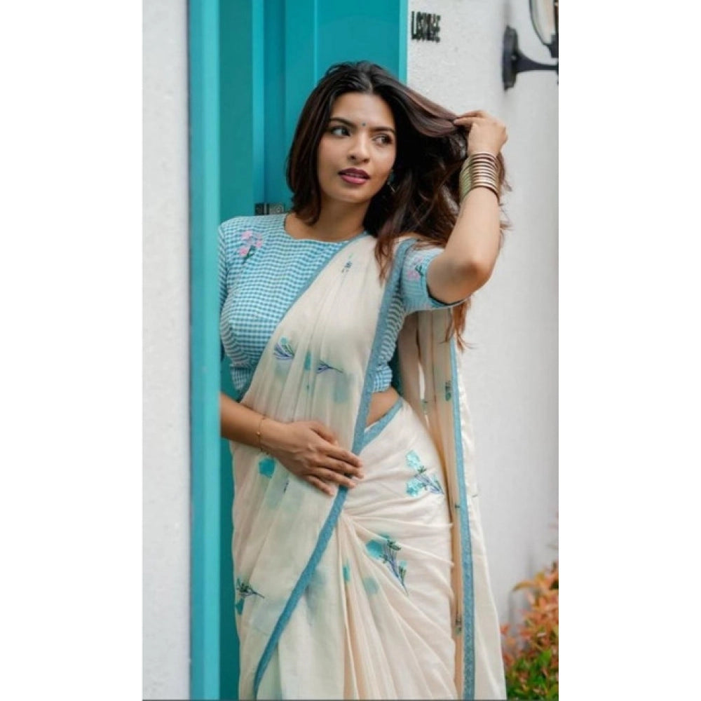 Women's Linen Printed Saree With Unstitched Blouse 5.5Mtr (White)