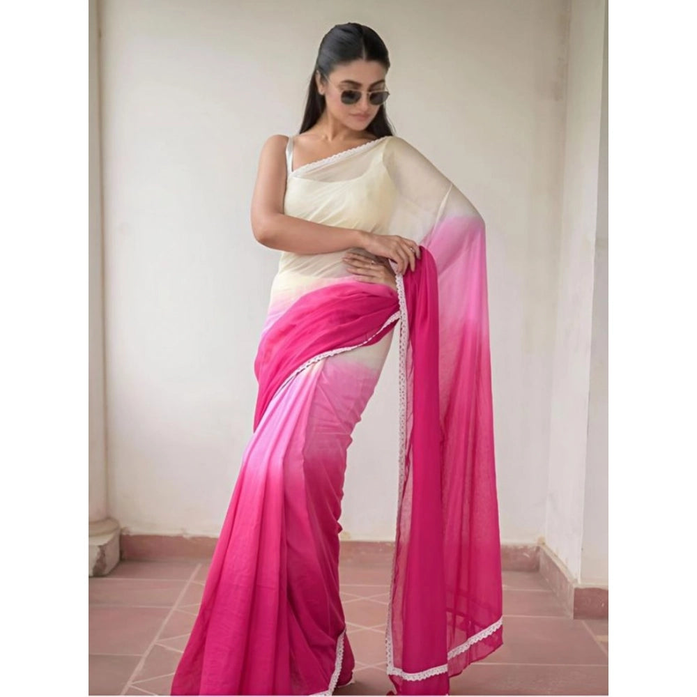 Women's Linen Printed Saree With Unstitched Blouse 5.5Mtr (Pink)
