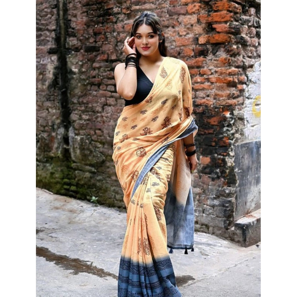 Women's Linen Printed Saree With Unstitched Blouse 5.5Mtr (Peach)