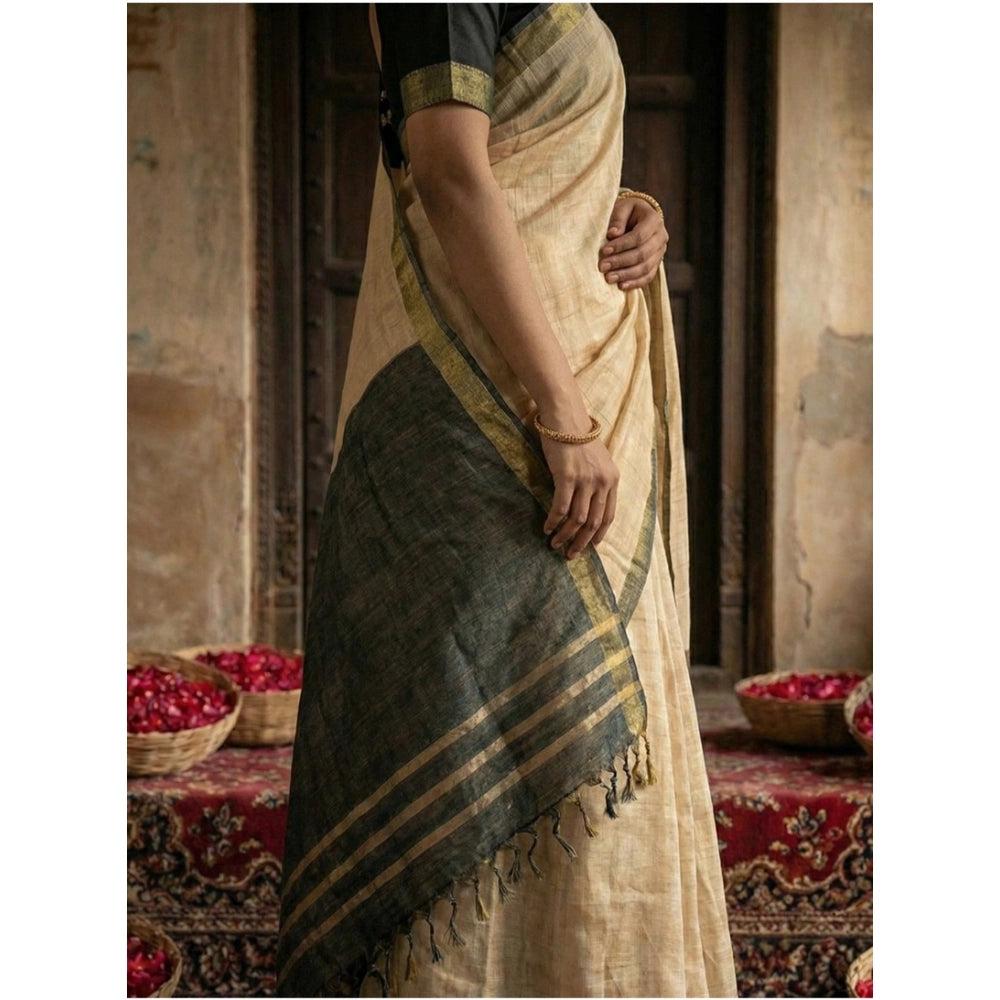 Women's Cotton Printed Saree With Unstitched Blouse 5.5Mtr (Beige)