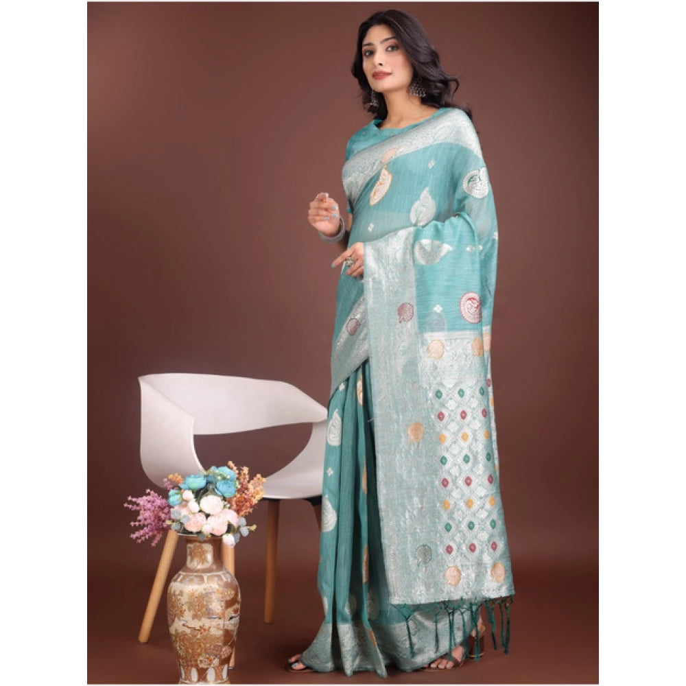 Women's Linen Cotton Printed Saree With Unstitched Blouse 5.5Mtr (Sea Green)
