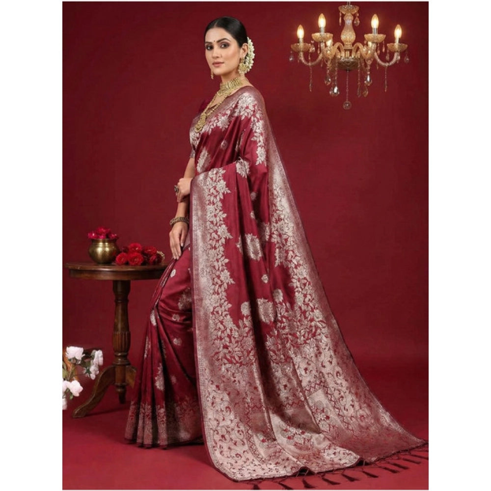 Women's Silk Blend Printed Saree With Unstitched Blouse 5.5Mtr (Maroon)