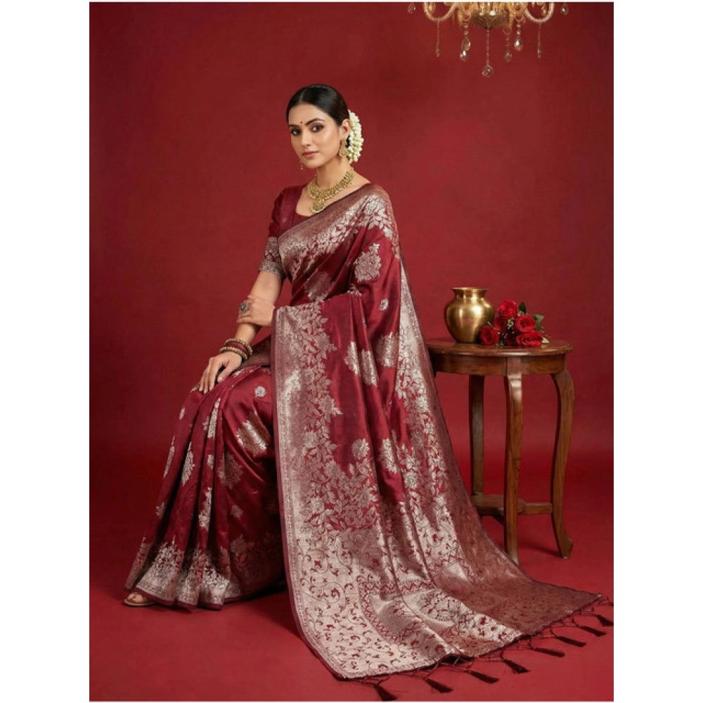 Women's Silk Blend Printed Saree With Unstitched Blouse 5.5Mtr (Maroon)