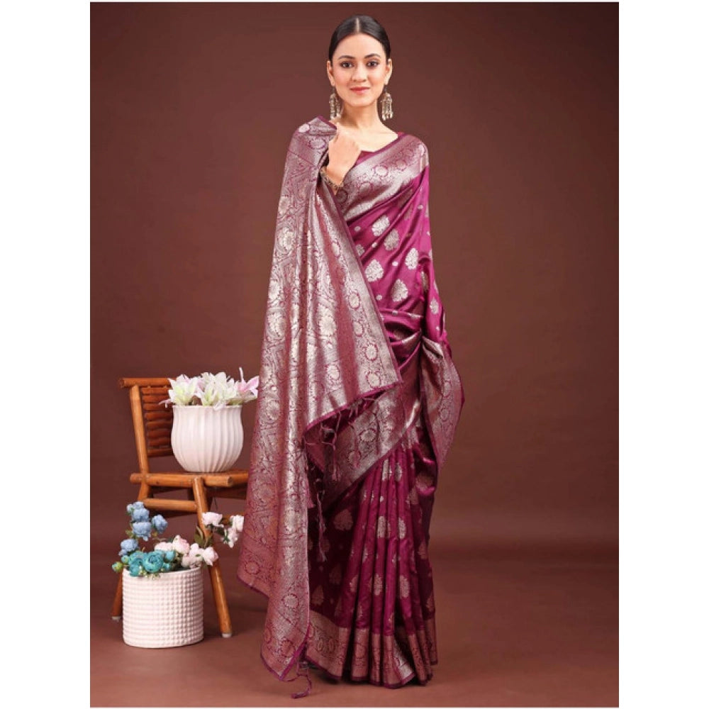 Women's Banarasi Silk Printed Saree With Unstitched Blouse 5.5Mtr (Purple)
