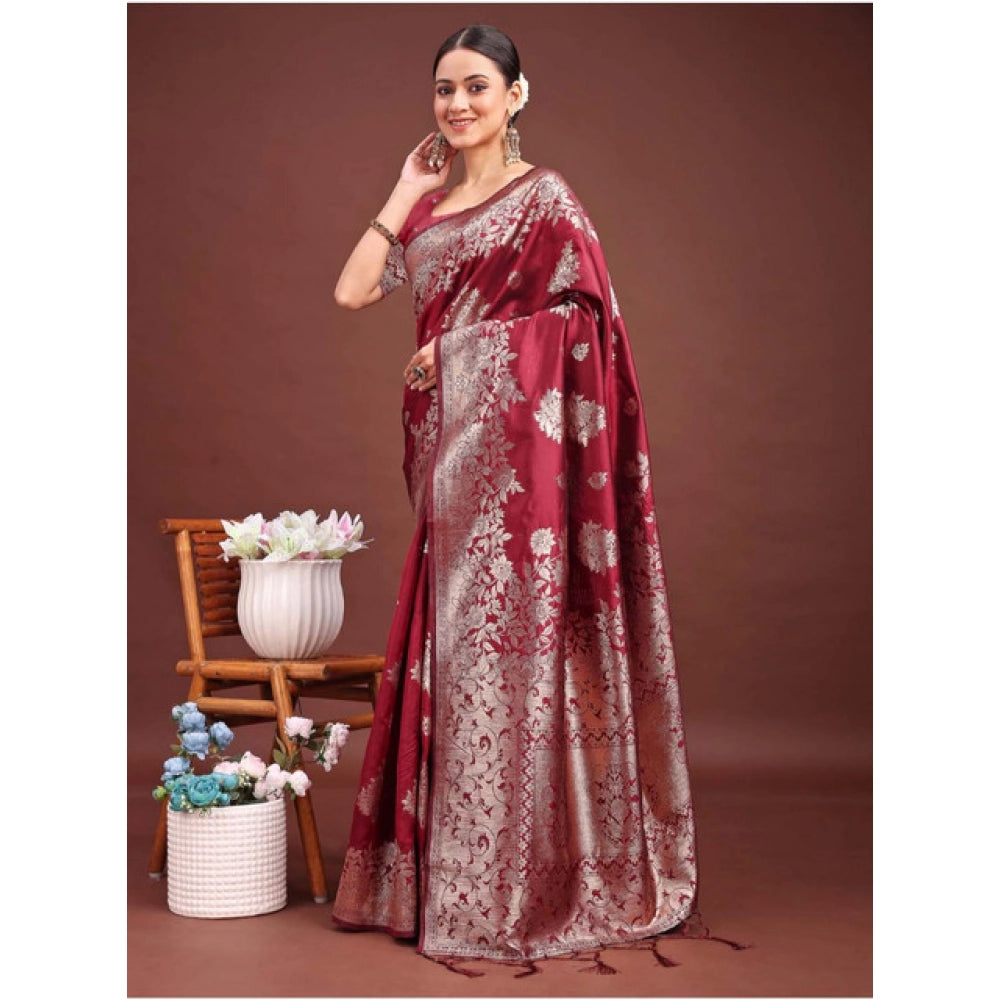 Women's Banarasi Silk Printed Saree With Unstitched Blouse 5.5Mtr (Maroon)