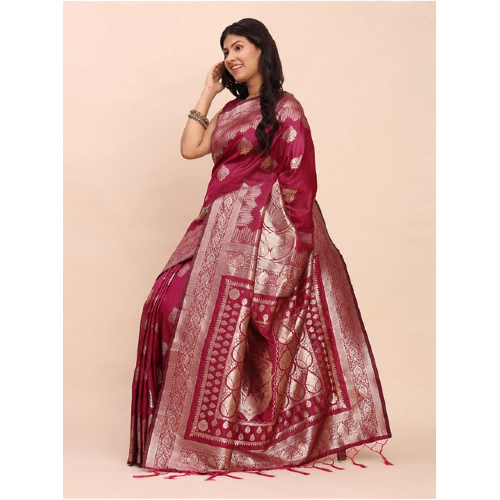 Women's Banarasi Silk Printed Saree With Unstitched Blouse 5.5Mtr (Magenta)