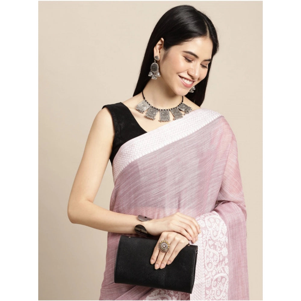 Women's Linen Printed Saree With Unstitched Blouse 5.5Mtr (Purple)