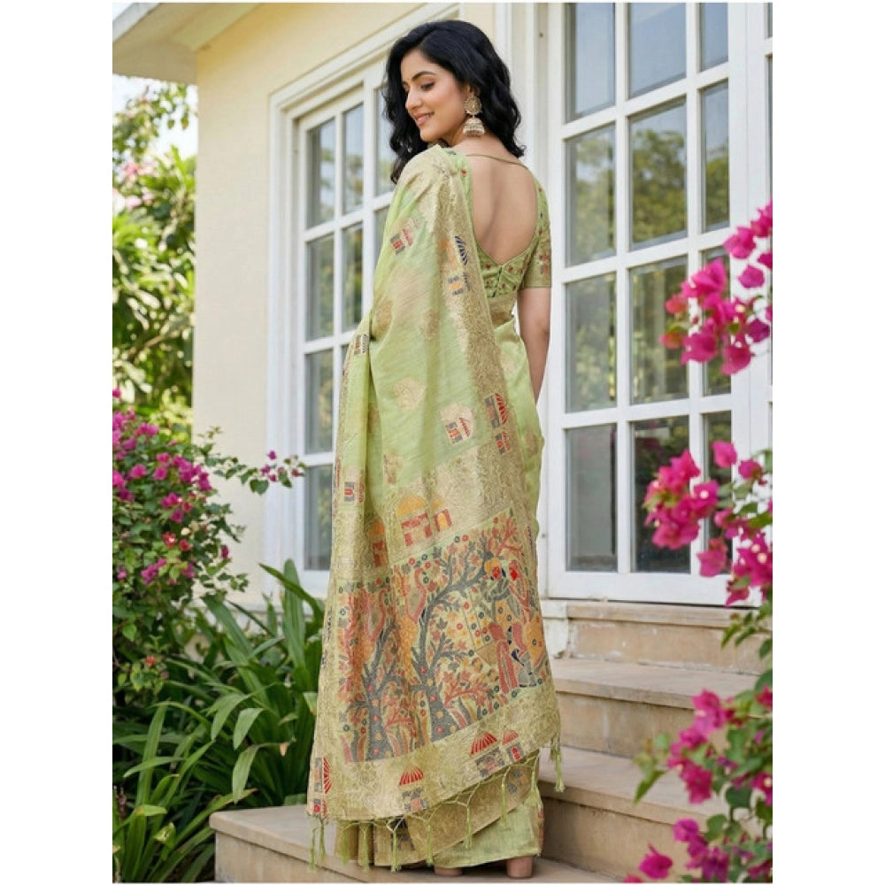 Women's Linen Cotton Printed Saree With Unstitched Blouse 5.5Mtr (Light Green)