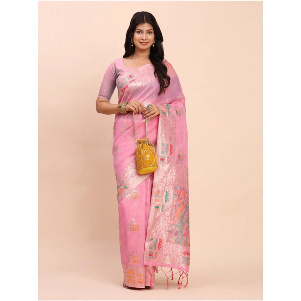 Women's Linen Cotton Printed Saree With Unstitched Blouse 5.5Mtr (Pink)