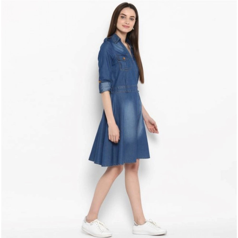 Generic Women's Denim Solid Roll Up Sleeve Dress (Blue)