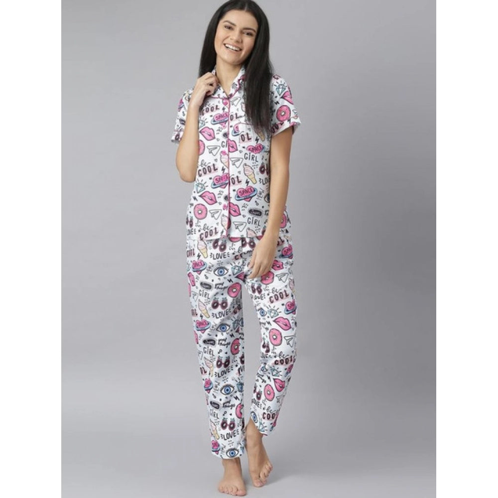 Women's Cotton Blend Printed Short Sleeve Night Suit (Multicolor)
