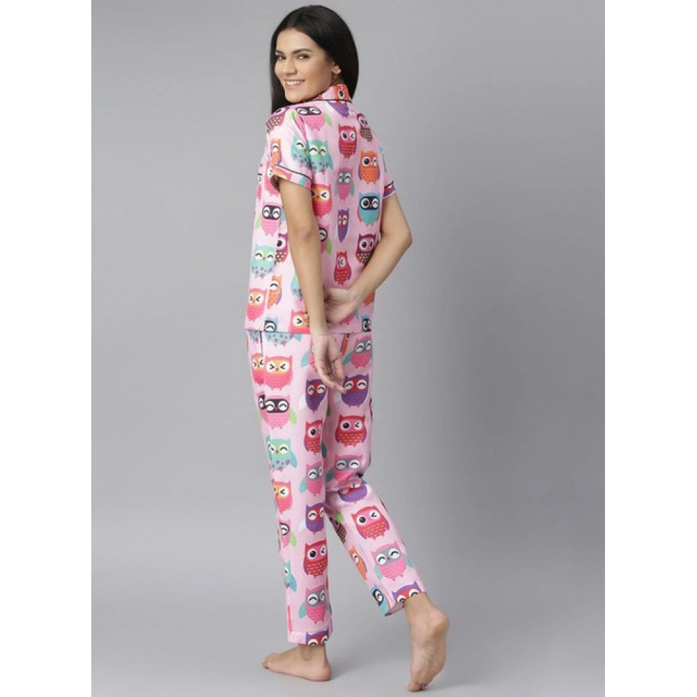 Women's Cotton Blend Printed Short Sleeve Night Suit (Pink)