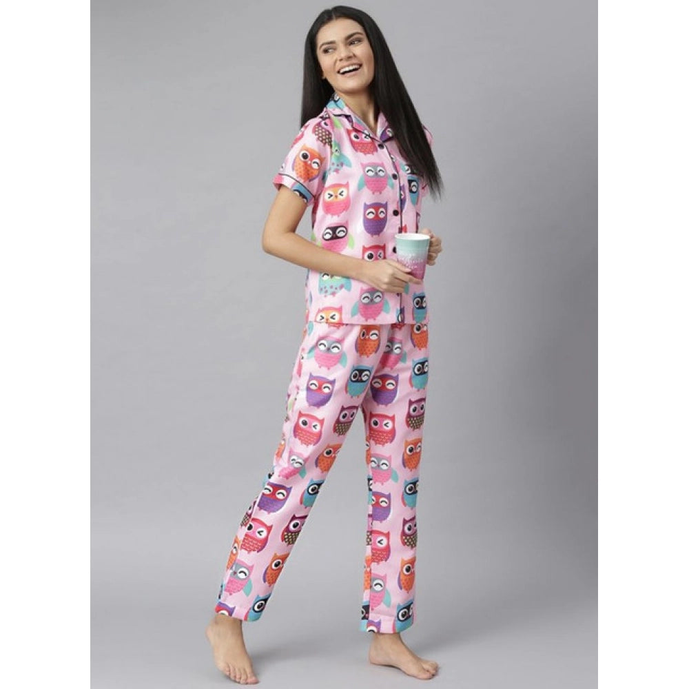 Women's Cotton Blend Printed Short Sleeve Night Suit (Pink)