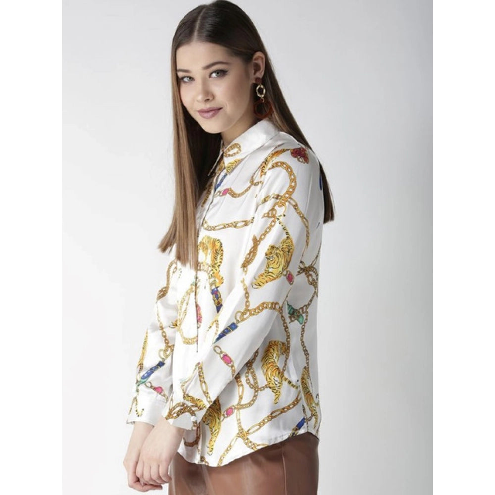 Generic Women's Satin Printed Long Sleeves Shirt (White-Gold)