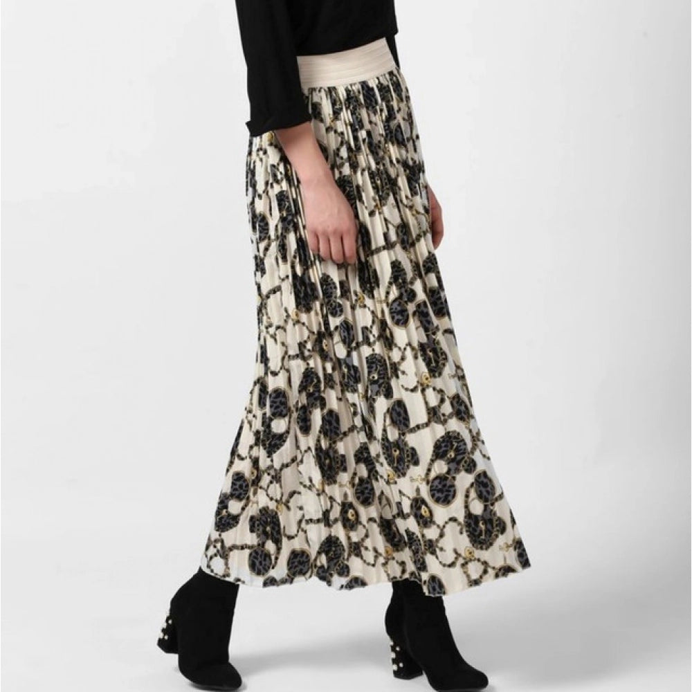 Generic Women's Georgette Chain Print Elasticated Skirt (Cream-Black)