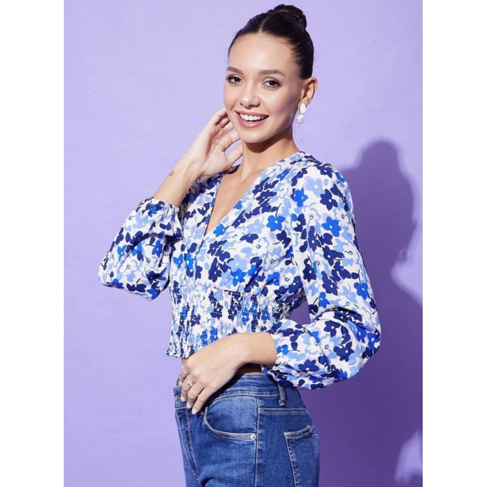 Generic Women's Polyester Floral Long Sleeves Top (Blue)