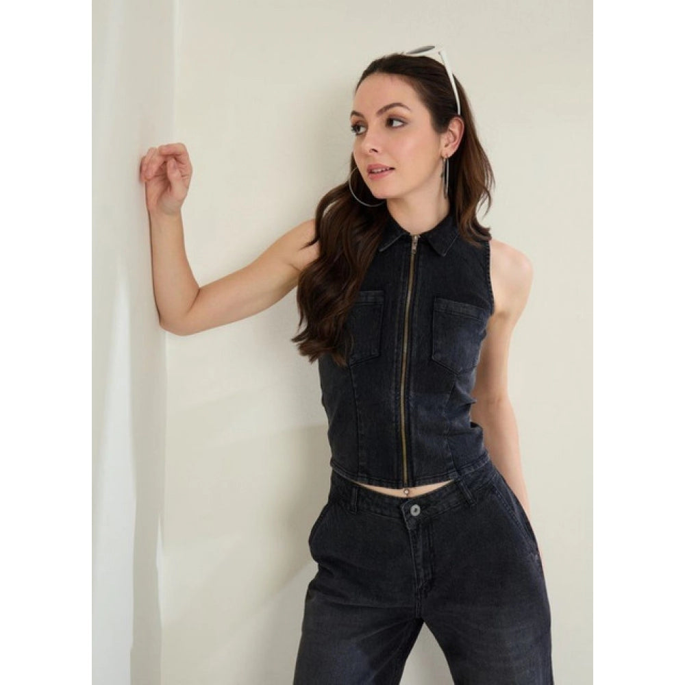 Generic Women's Denim Lycra Solid Sleeveless Top (Black)