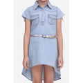 Generic Girl's Denim Hi Lo Short Sleeve Dress with Belt (Blue)