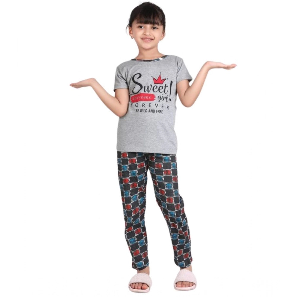 Generic Girl's Cotton Hosiery Printed Night Suit Set (Grey-Red)
