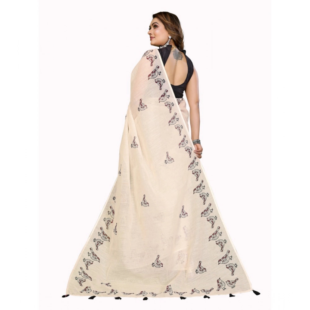 Women's Linen Cotton Printed Saree With Unstitched Blouse 5.5Mtr (Off White)
