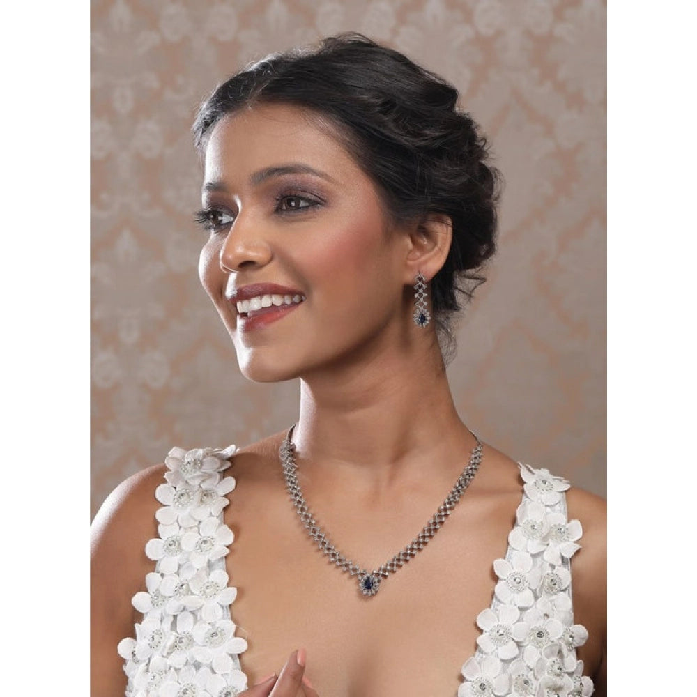 Generic Women's Brass Silver Plated Necklace set (Blue)