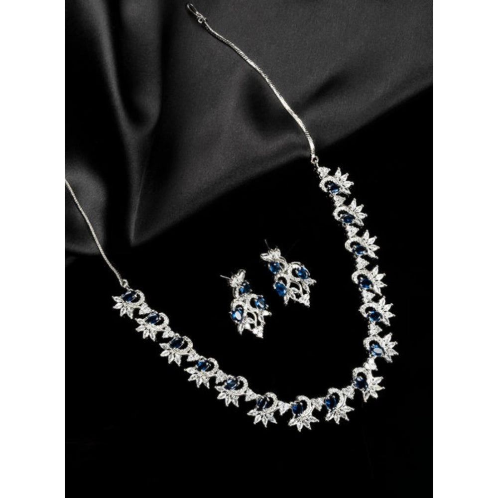 Generic Women's Brass Silver Plated Necklace set (Blue)