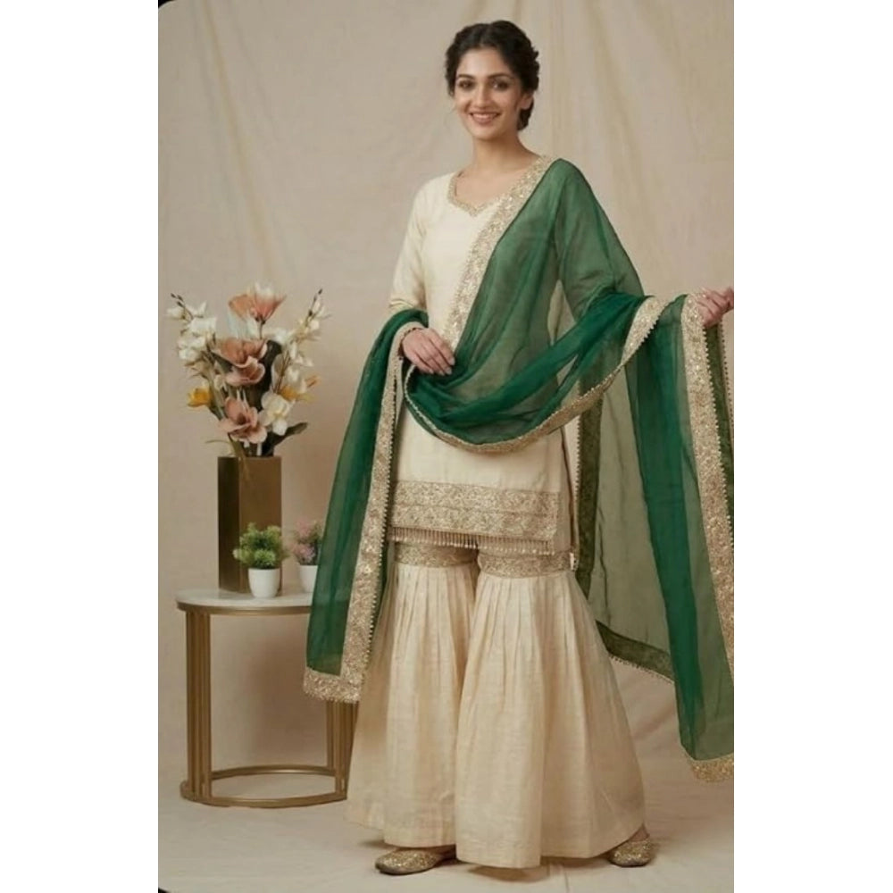 Women's Silk Embroidered 3/4th Sleeve V-Neck Kurti With Sharara Pant and Dupatta Set (Cream &amp; Bottle Green)