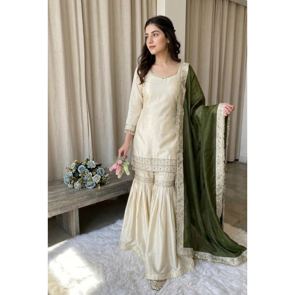 Women's Silk Embroidered 3/4th Sleeve V-Neck Kurti With Sharara Pant and Dupatta Set (Cream &amp; Green)