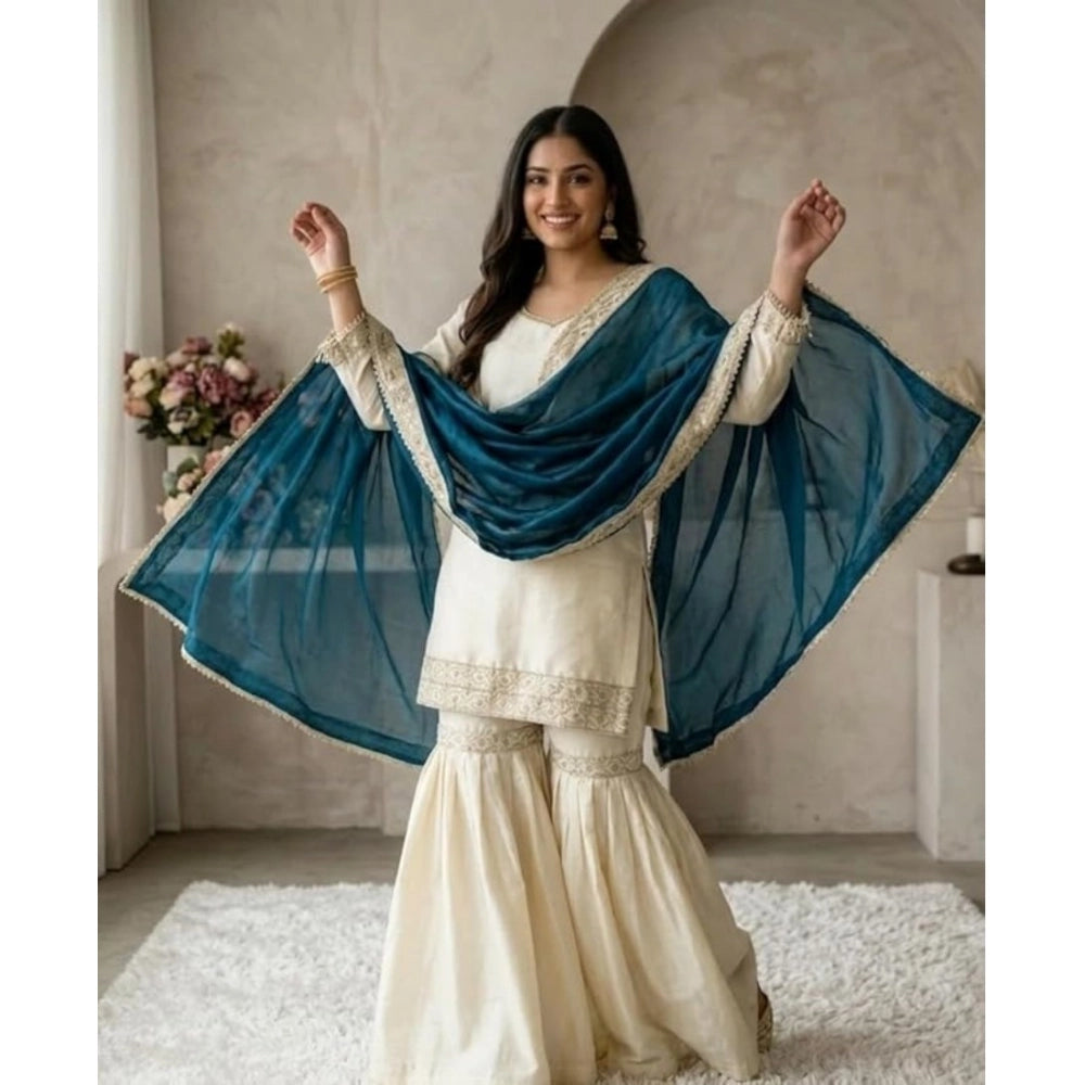Women's Silk Embroidered 3/4th Sleeve V-Neck Kurti With Sharara Pant and Dupatta Set (Cream &amp; Teal)