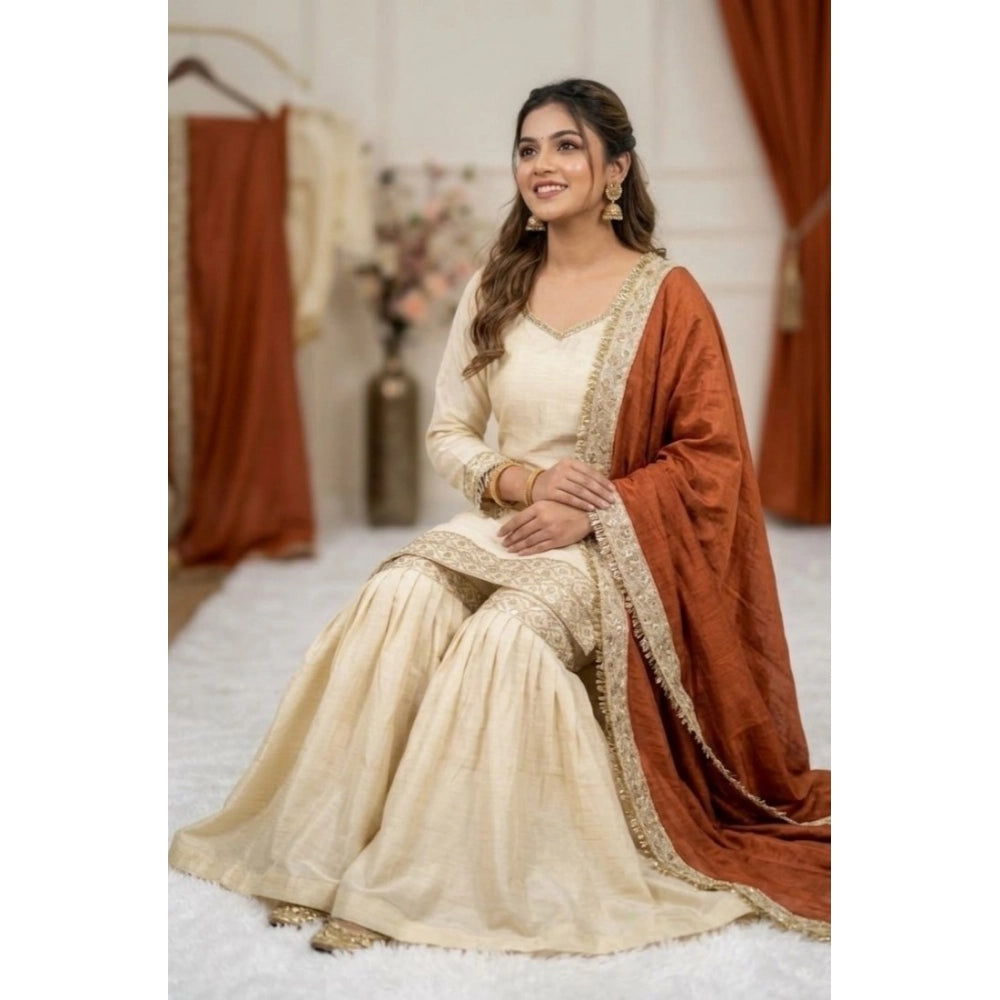 Women's Silk Embroidered 3/4th Sleeve V-Neck Kurti With Sharara Pant and Dupatta Set (Cream &amp; Orange)