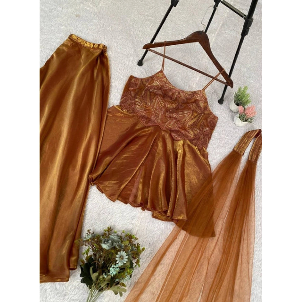 Women's Silk Embroidered Sleeveless Round Kurti With Palazzo Pant and Dupatta Set (Brown)