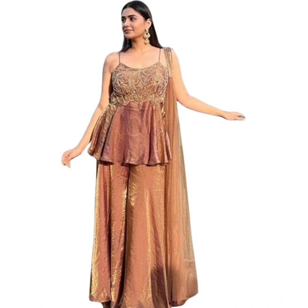 Women's Silk Embroidered Sleeveless Round Kurti With Palazzo Pant and Dupatta Set (Brown)