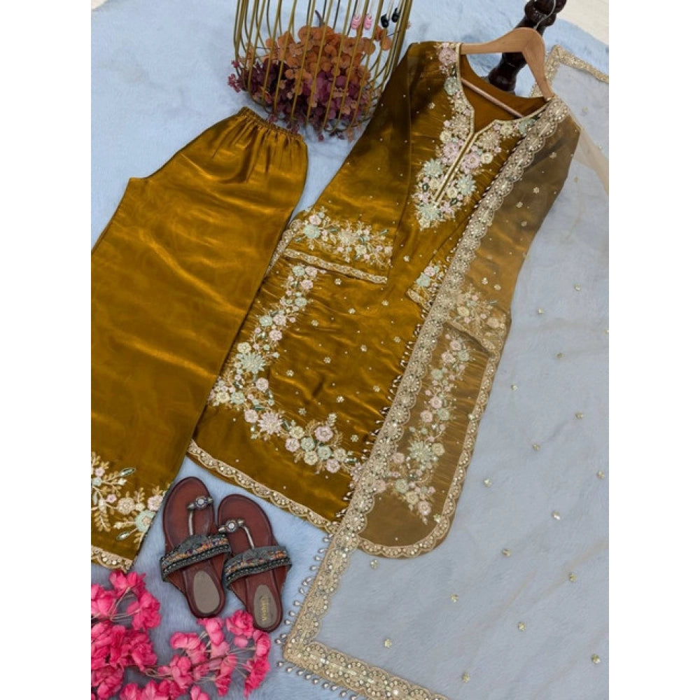 Women's Silk Embroidered 3/4th Sleeve Round Kurti With Palazzo Pant and Dupatta Set (Gold)