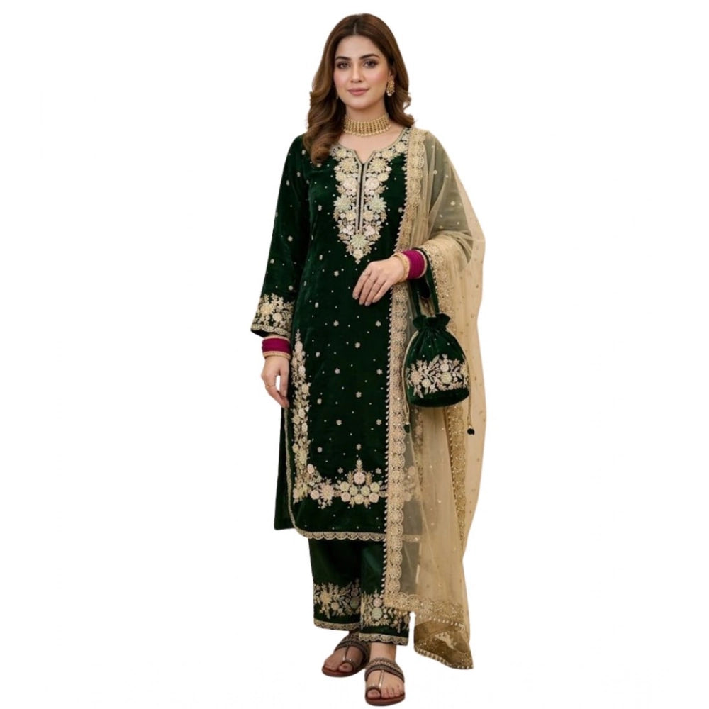 Women's Silk Embroidered 3/4th Sleeve Round Kurti With Palazzo Pant and Dupatta Set (Dark Green)