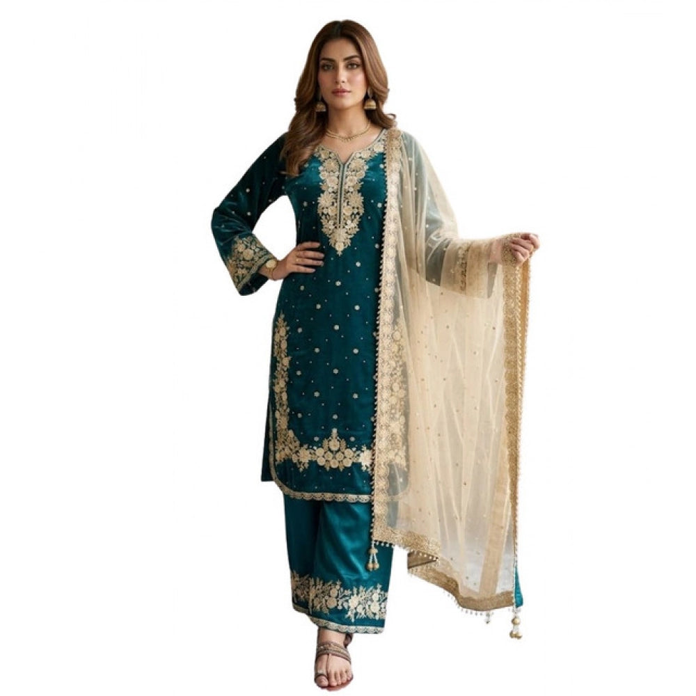 Women's Silk Embroidered 3/4th Sleeve Round Kurti With Palazzo Pant and Dupatta Set (Teal)