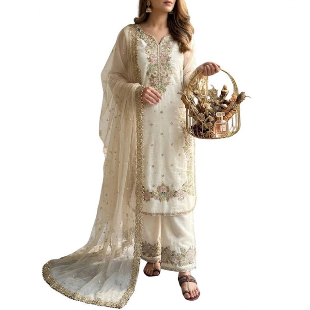 Women's Silk Embroidered 3/4th Sleeve Round Kurti With Palazzo Pant and Dupatta Set (White)