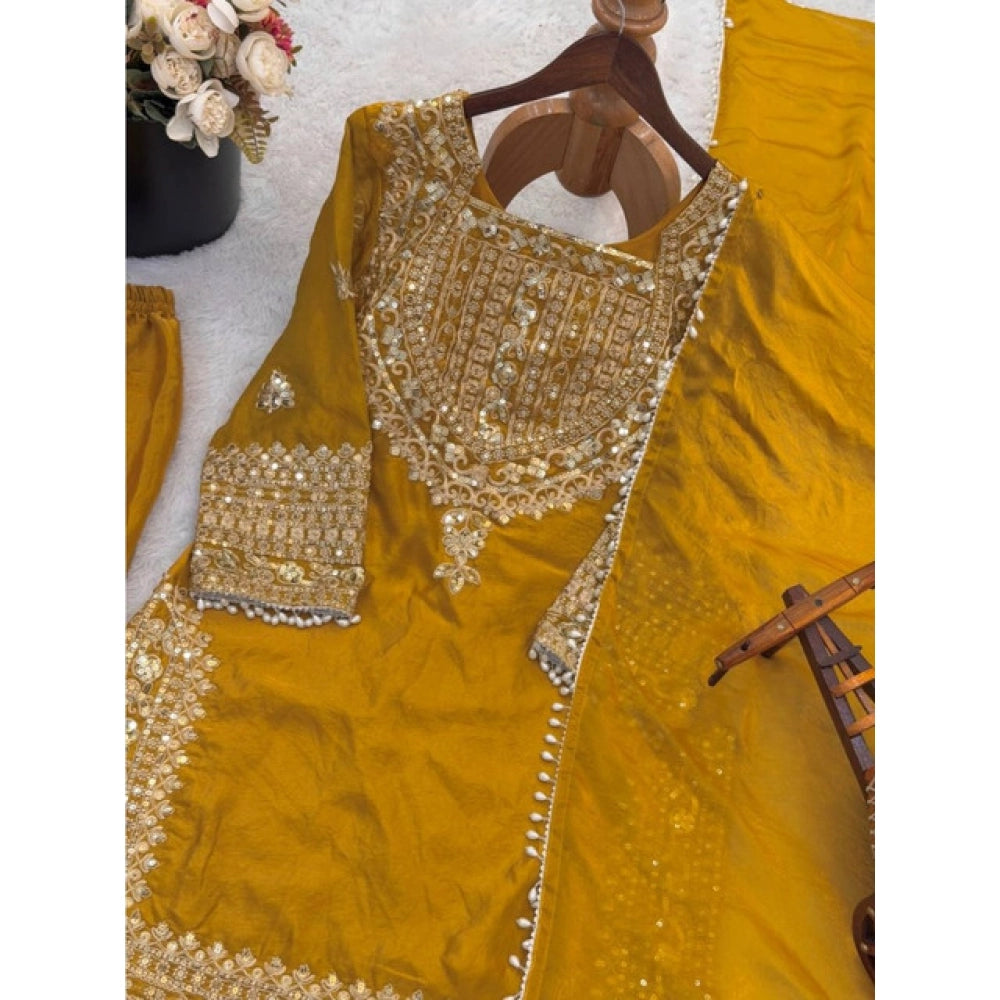 Women's Silk Embroidered 3/4th Sleeve Round Kurti With Sharara Pant and Dupatta Set (Yellow)
