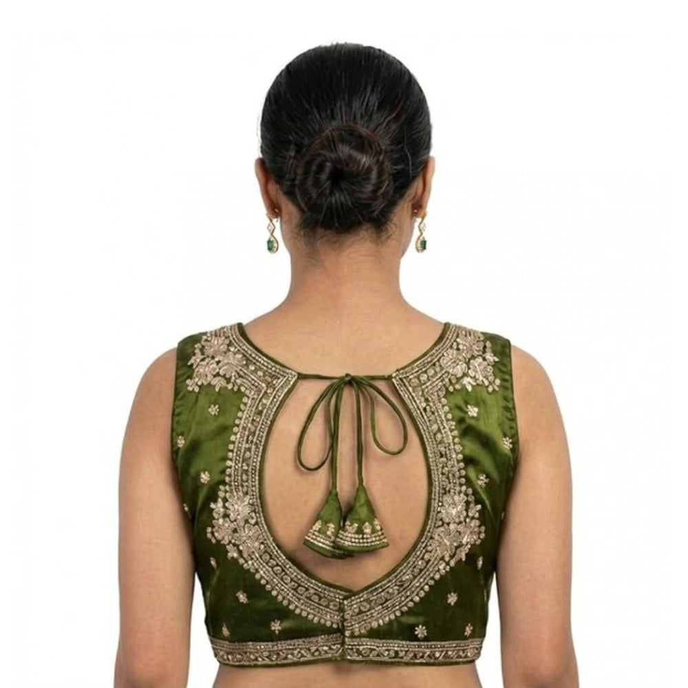 Women's Silk Embroidered V-Neck Sleeveless Readymade Padded Blouse (Mahendi, Size 38)