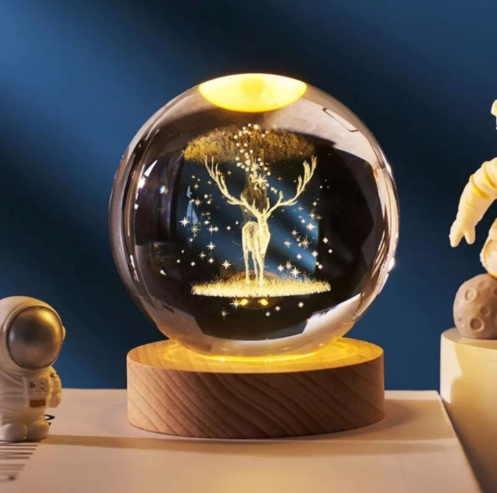 Crystal Glass Ball Galaxy Night Lamp with Wooden Base