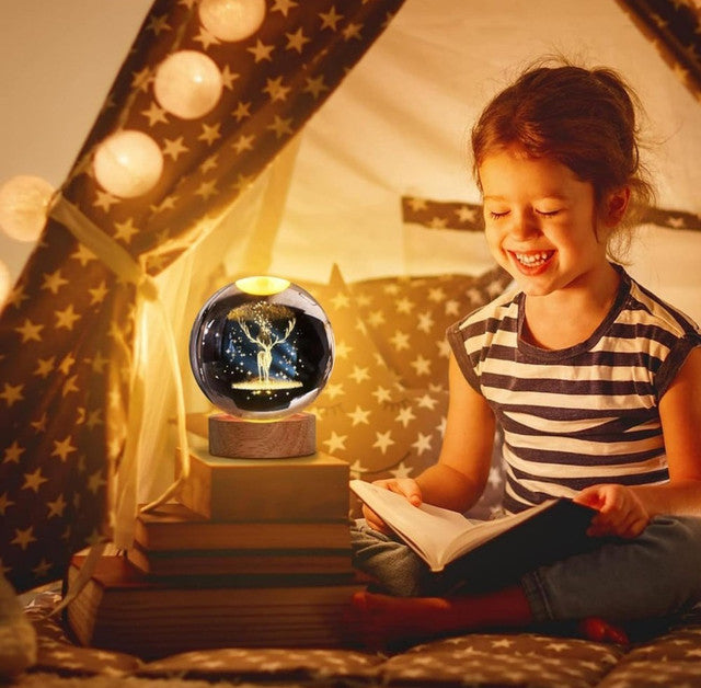Crystal Glass Ball Galaxy Night Lamp with Wooden Base