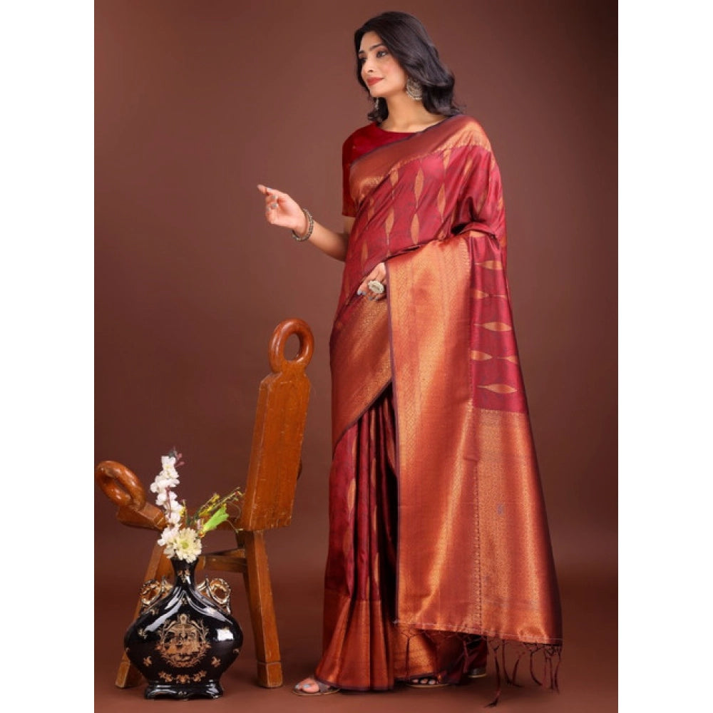 Women's Banarasi Silk Printed Saree With Unstitched Blouse 5.5Mtr (Maroon)