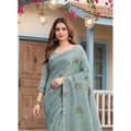 Women's Linen Embroidered Saree With Unstitched Blouse 5.5Mtr (Sea Green)