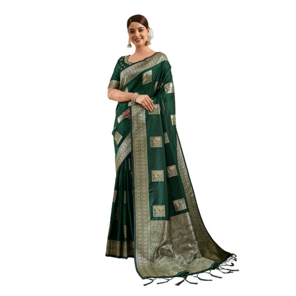 Women's Silk Blend Printed Saree With Unstitched Blouse 5.5Mtr (Dark Green)