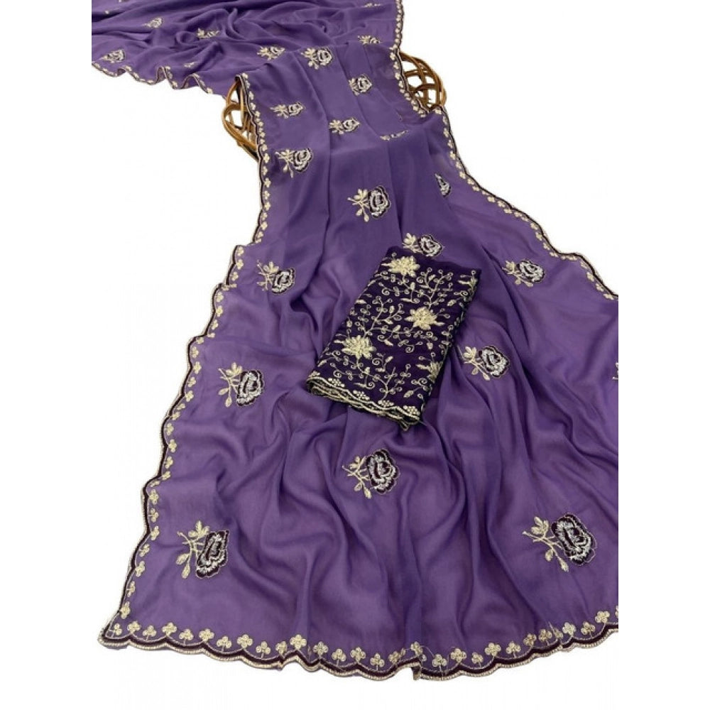 Women's Star Georgette Embroidered Saree With Unstitched Blouse 5.5Mtr (Purple)