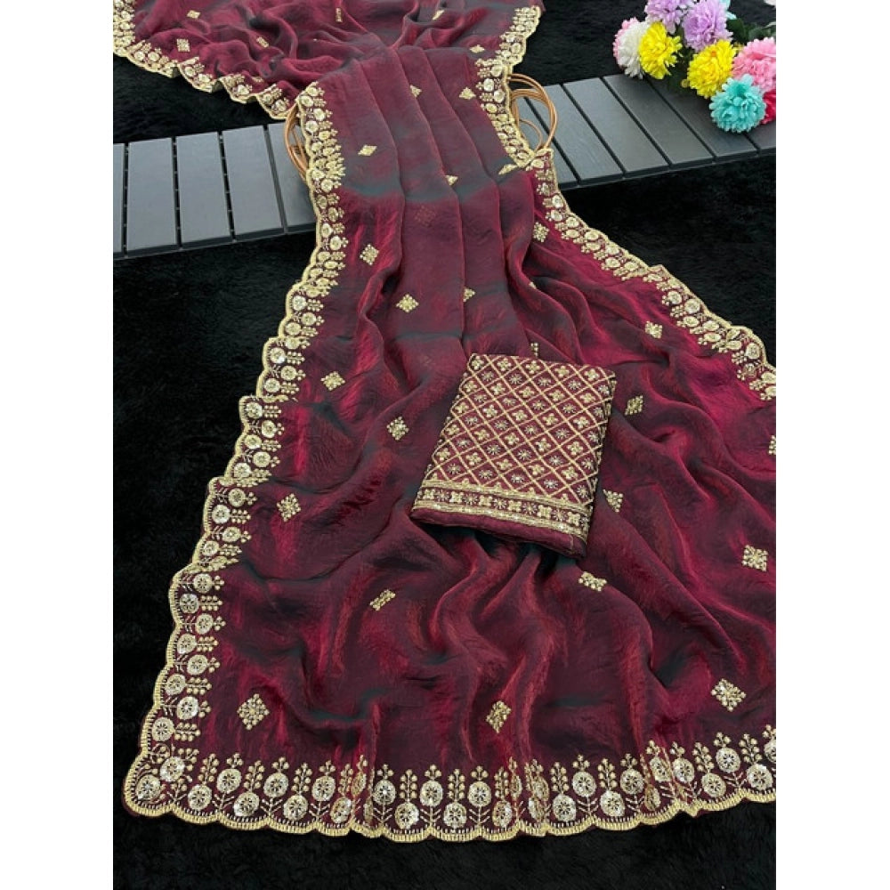 Women's Satin Embellished Saree With Unstitched Blouse 5.5Mtr (Wine-Toned)