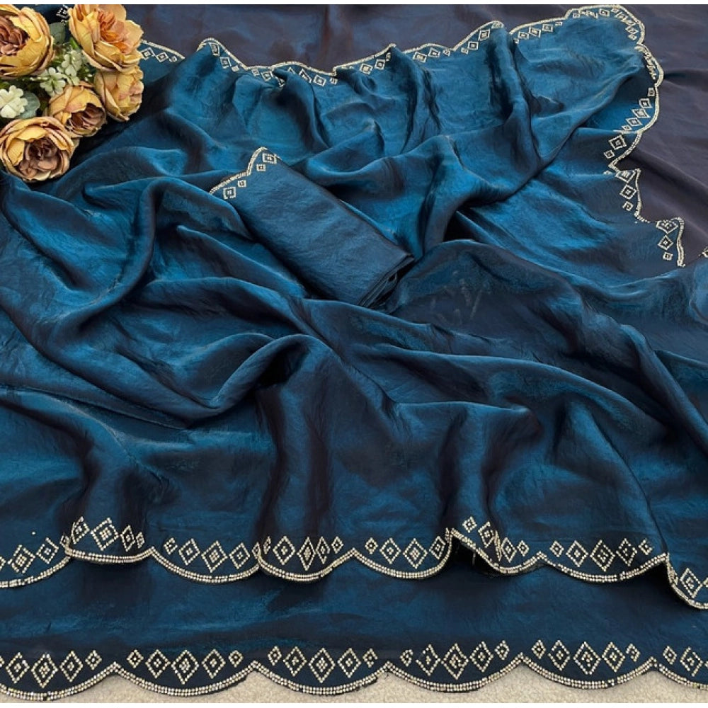 Women's Satin Embellished Saree With Unstitched Blouse 5.5Mtr (Navy)