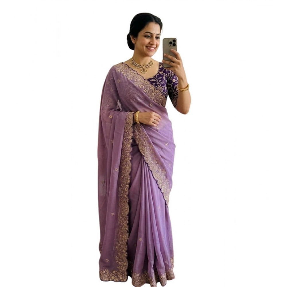 Women's Star Georgette Embroidered Saree With Unstitched Blouse 5.5Mtr (Purple)
